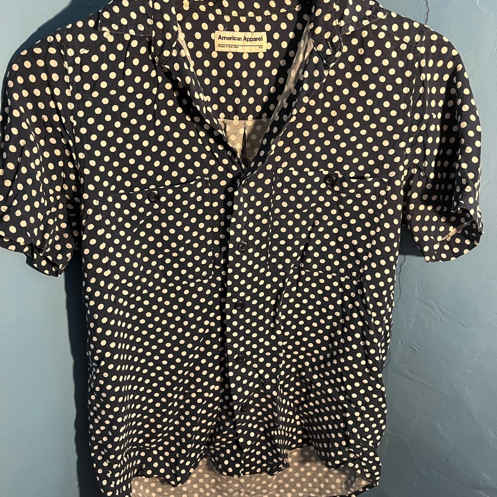 American Apparel Polka Dot Blue Button Down Blouse